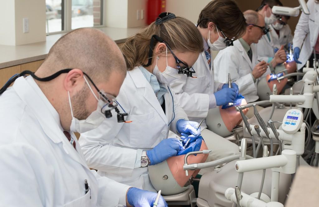 A row of dental students practicing teeth cleaning on patient simulators